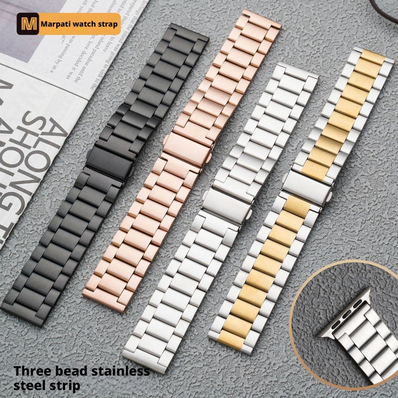 Mapoti Stainless Steel Three-Link Folding Clasp Watch Band for Apple Watch Samsung Huawei - Image 1