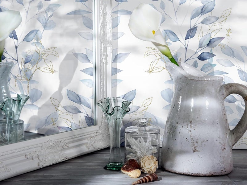 HeloHo Peel and Stick Wallpaper Blue Floral Leaf Wall Paper Self Adhesive Removable Thicken Waterproof Contact Paper for Bathroom Bedroom Living Room Decor Renter Friendly Wallpaper 15.35" X 78.7" - Image 5