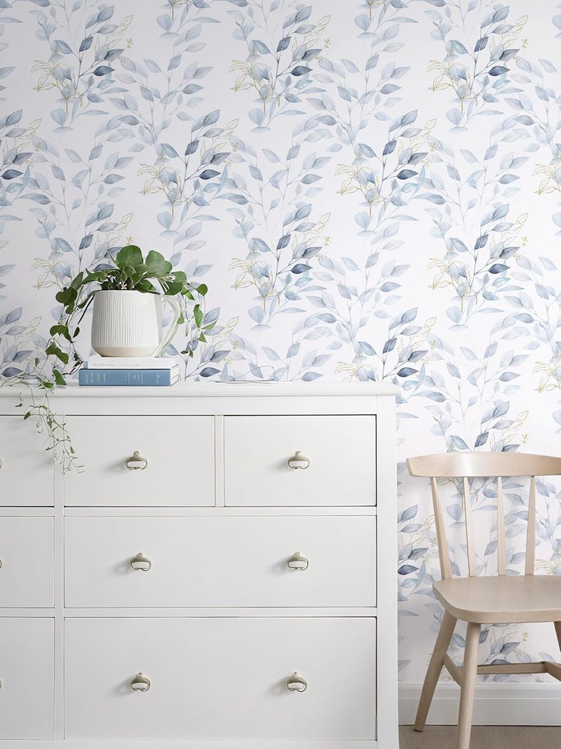 HeloHo Peel and Stick Wallpaper Blue Floral Leaf Wall Paper Self Adhesive Removable Thicken Waterproof Contact Paper for Bathroom Bedroom Living Room Decor Renter Friendly Wallpaper 15.35" X 78.7" - Image 4