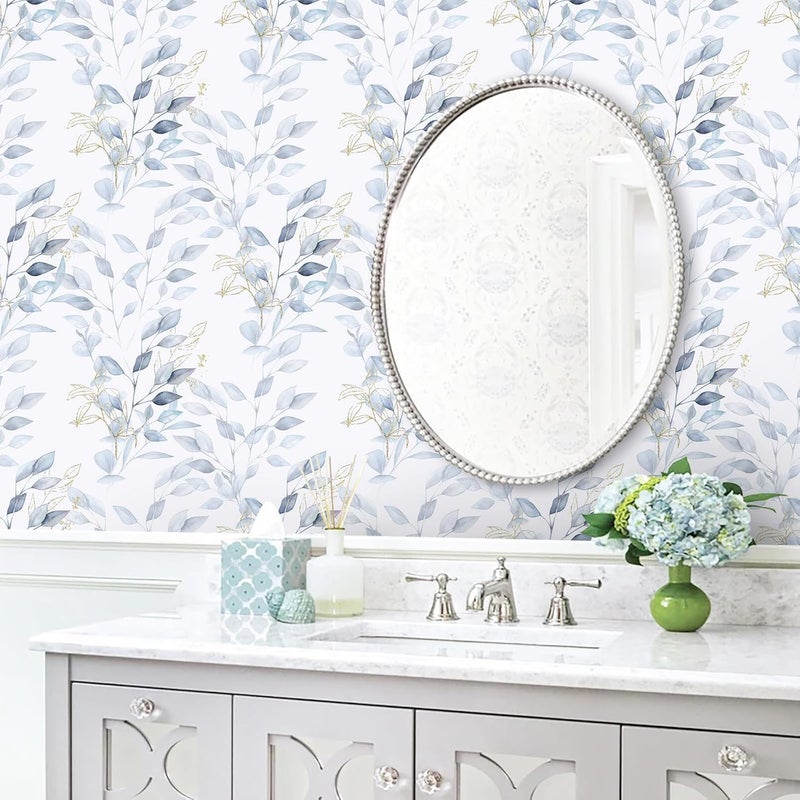 HeloHo Peel and Stick Wallpaper Blue Floral Leaf Wall Paper Self Adhesive Removable Thicken Waterproof Contact Paper for Bathroom Bedroom Living Room Decor Renter Friendly Wallpaper 15.35" X 78.7" - Image 2