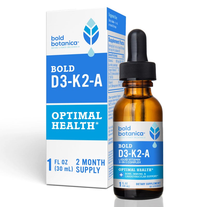 Bold Botanica D3K2A Liquid Vitamin Complex Vegan D3 from Organic Algae with Vitamin K2 MK7 and A for Immune Support Natural Orange Flavor Tastes Delicious 1 FL OZ 30mL