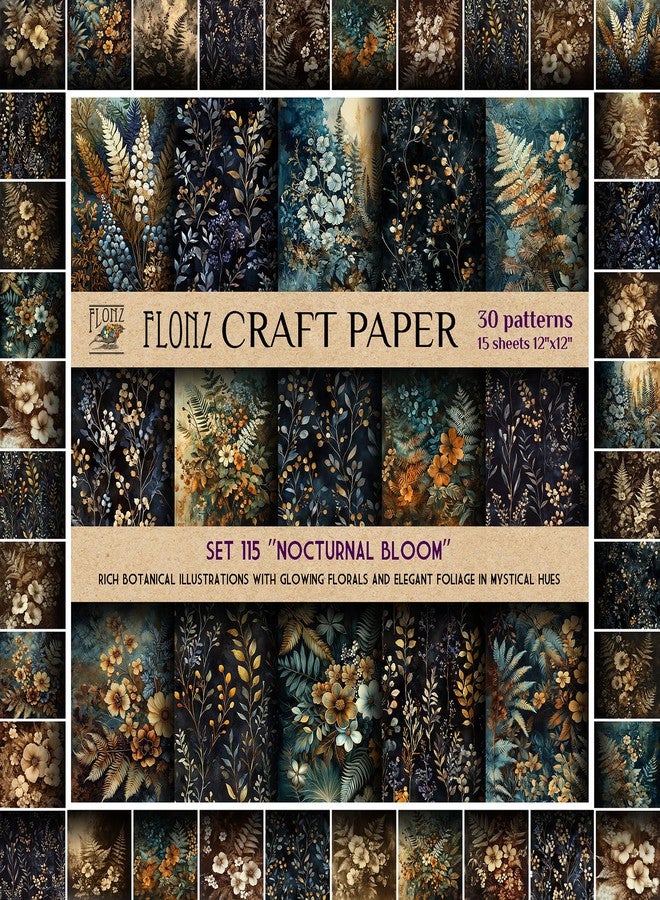 ورق قصاصات FLONZ (30 نقشة 12 بوصة × 12 بوصة) زهرة ليلية ~ رسومات نباتية غنية بأزهار متوهجة وأوراق شجر أنيقة بألوان ساحرة