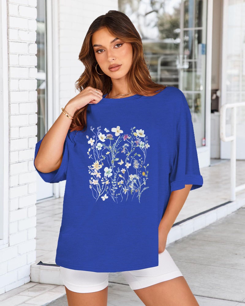 rosemia Oversized Tshirts for Women Summer Short Sleeve Casual Basic Tee Tops Loose Fit Shirts, Blue Colorful Flowers, XL - Image 5