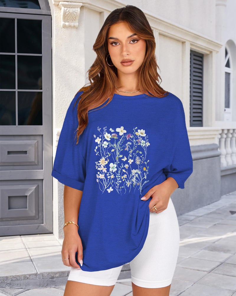 rosemia Oversized Tshirts for Women Summer Short Sleeve Casual Basic Tee Tops Loose Fit Shirts, Blue Colorful Flowers, XL - Image 3