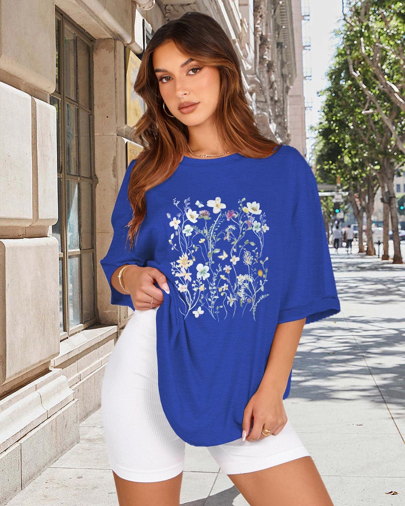 rosemia Oversized Tshirts for Women Summer Short Sleeve Casual Basic Tee Tops Loose Fit Shirts, Blue Colorful Flowers, XL - Image 4