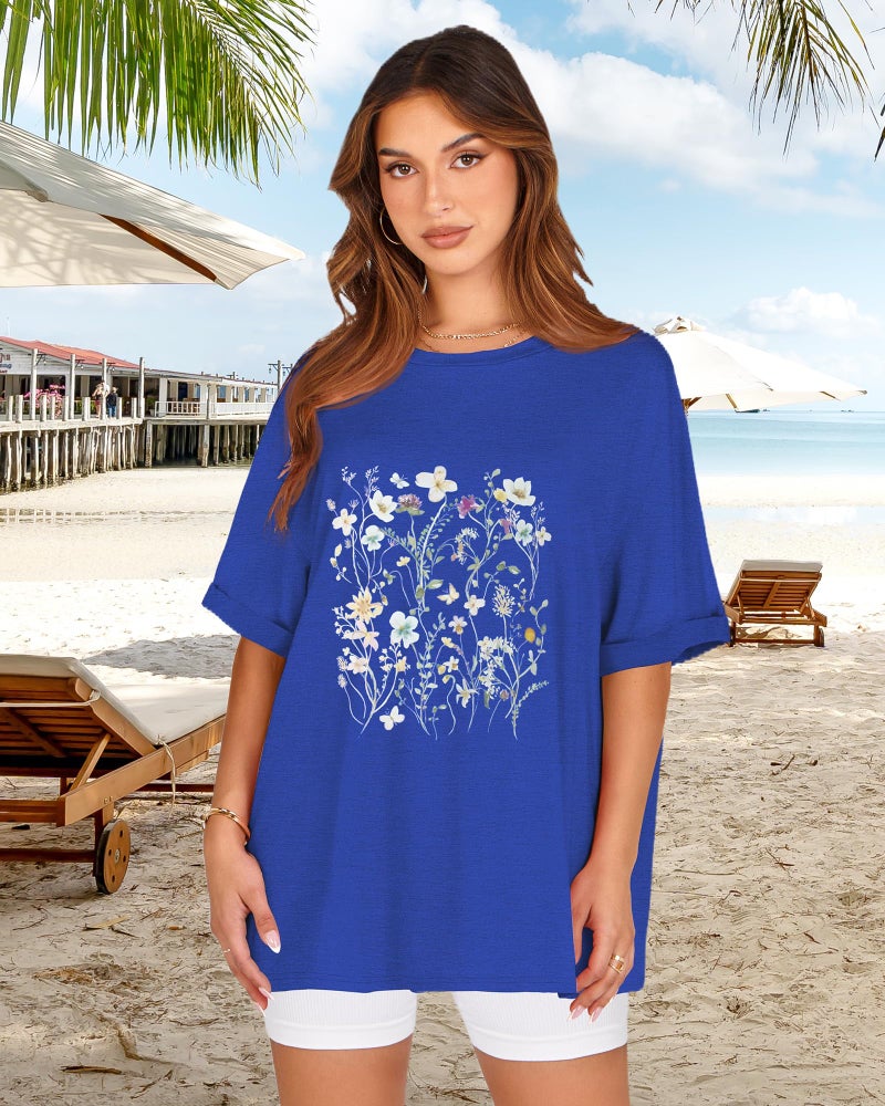 rosemia Oversized Tshirts for Women Summer Short Sleeve Casual Basic Tee Tops Loose Fit Shirts, Blue Colorful Flowers, XL - Image 2