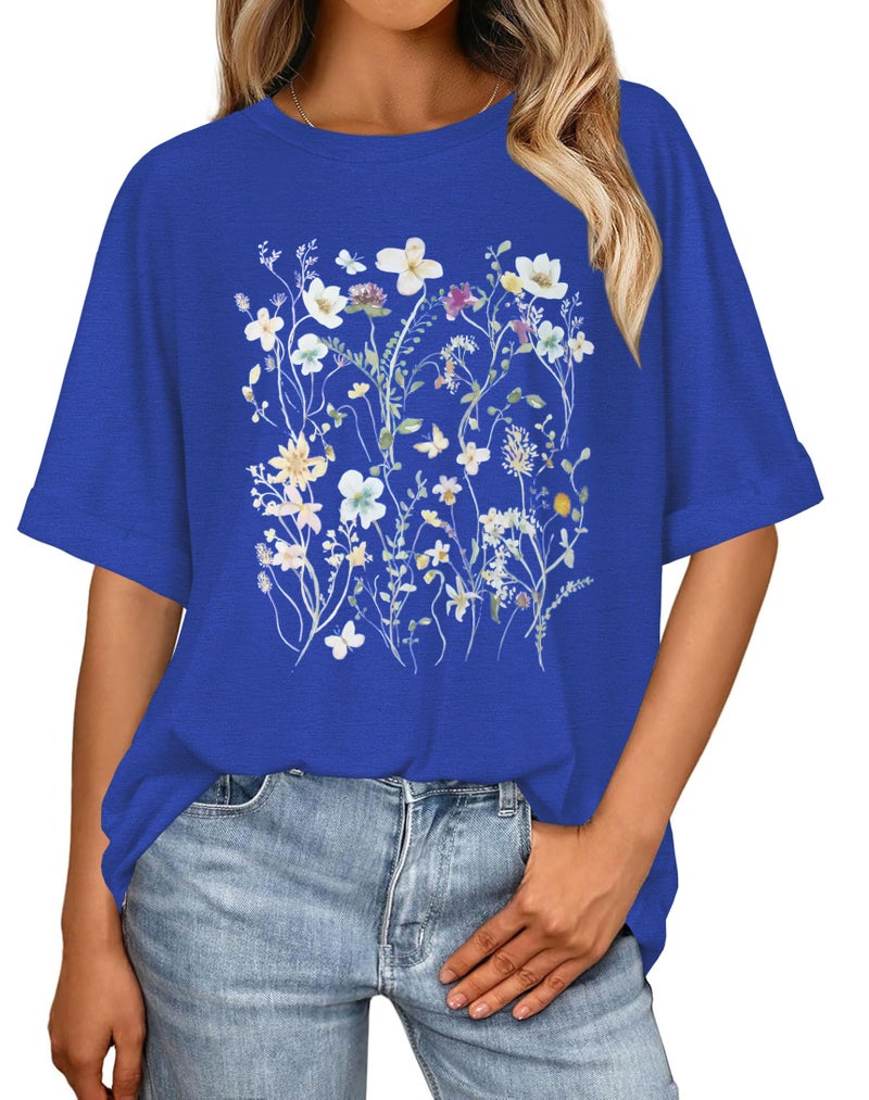 rosemia Oversized Tshirts for Women Summer Short Sleeve Casual Basic Tee Tops Loose Fit Shirts, Blue Colorful Flowers, XL - Image 1
