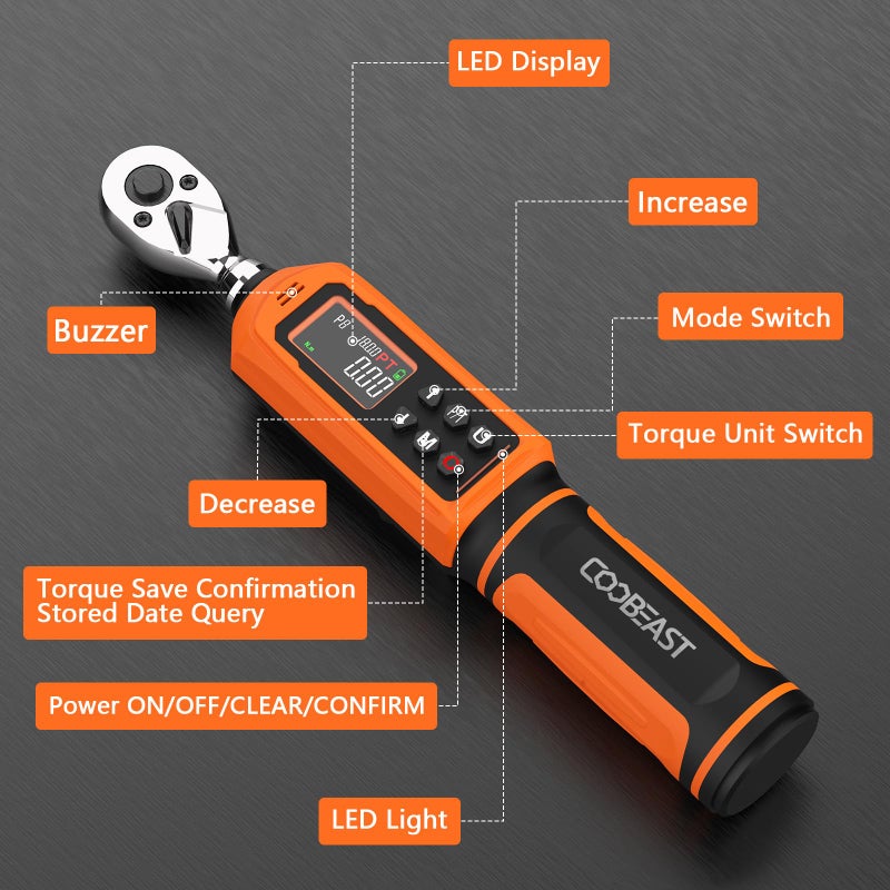 coobeast Digital Torque Wrench 1/4 Drive, 0.33-22.1 Ft.lbs./0.45-30Nm Range, Electronic Torque Screwdriver with Dual Direction Ratchet, Buzzer and LED Alert for Bicycle, Bike, DIY and Home Repair - Image 4