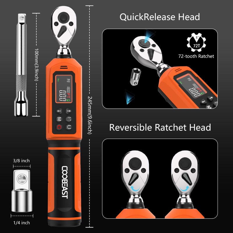 coobeast Digital Torque Wrench 1/4 Drive, 0.33-22.1 Ft.lbs./0.45-30Nm Range, Electronic Torque Screwdriver with Dual Direction Ratchet, Buzzer and LED Alert for Bicycle, Bike, DIY and Home Repair - Image 2