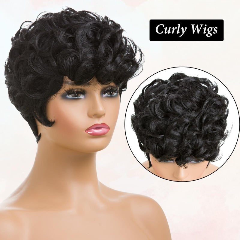 BingSing Natural Black Short Pixie Cut Wigs for Black Women Replacement Curly Hair Wigs Short Black Layered Pixie Wig With Bangs Wig for Black Women (Natural Black) - Image 4