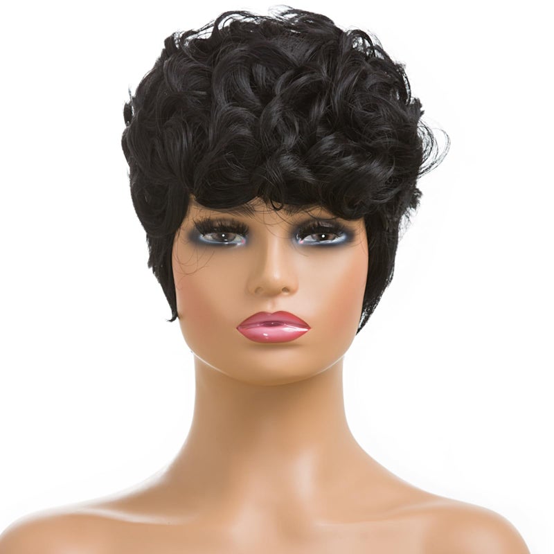 BingSing Natural Black Short Pixie Cut Wigs for Black Women Replacement Curly Hair Wigs Short Black Layered Pixie Wig With Bangs Wig for Black Women (Natural Black) - Image 2