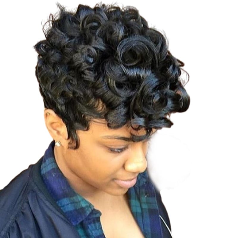 BingSing Natural Black Short Pixie Cut Wigs for Black Women Replacement Curly Hair Wigs Short Black Layered Pixie Wig With Bangs Wig for Black Women (Natural Black) - Image 1