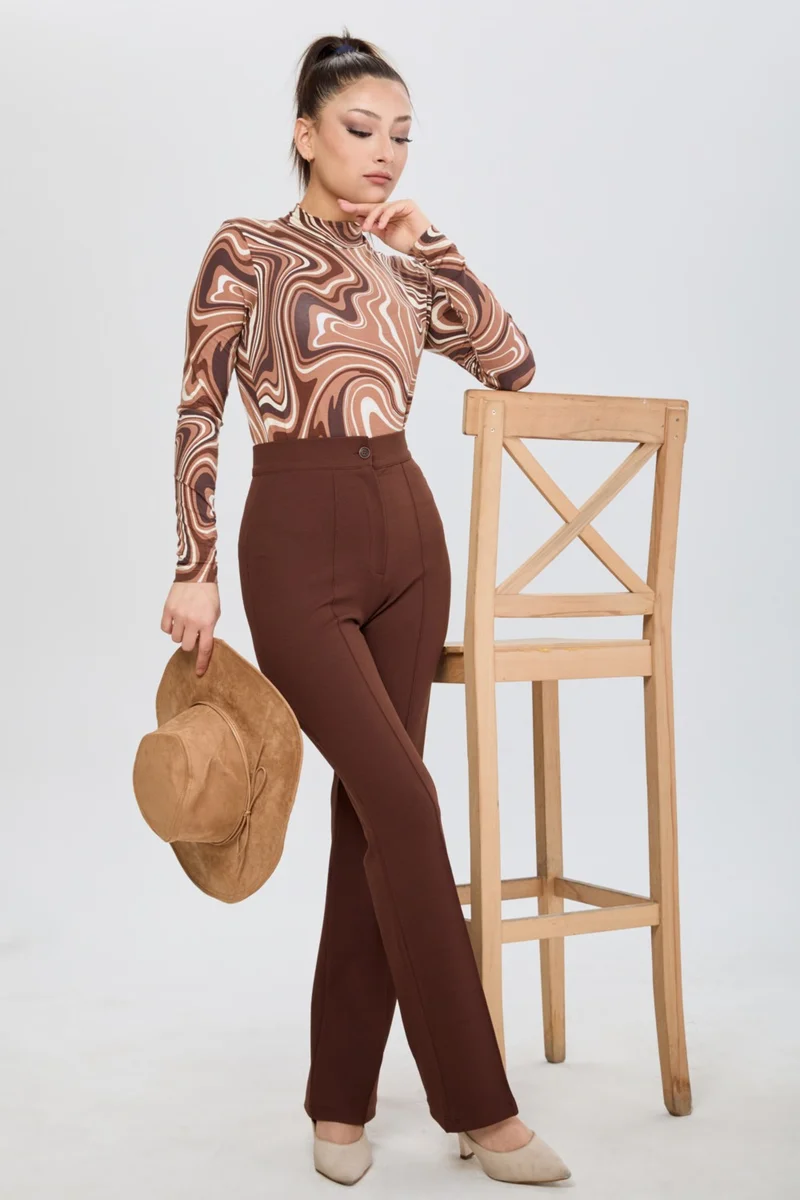 Tofisa 24127-BROWN High Waist Wide Leg Trousers