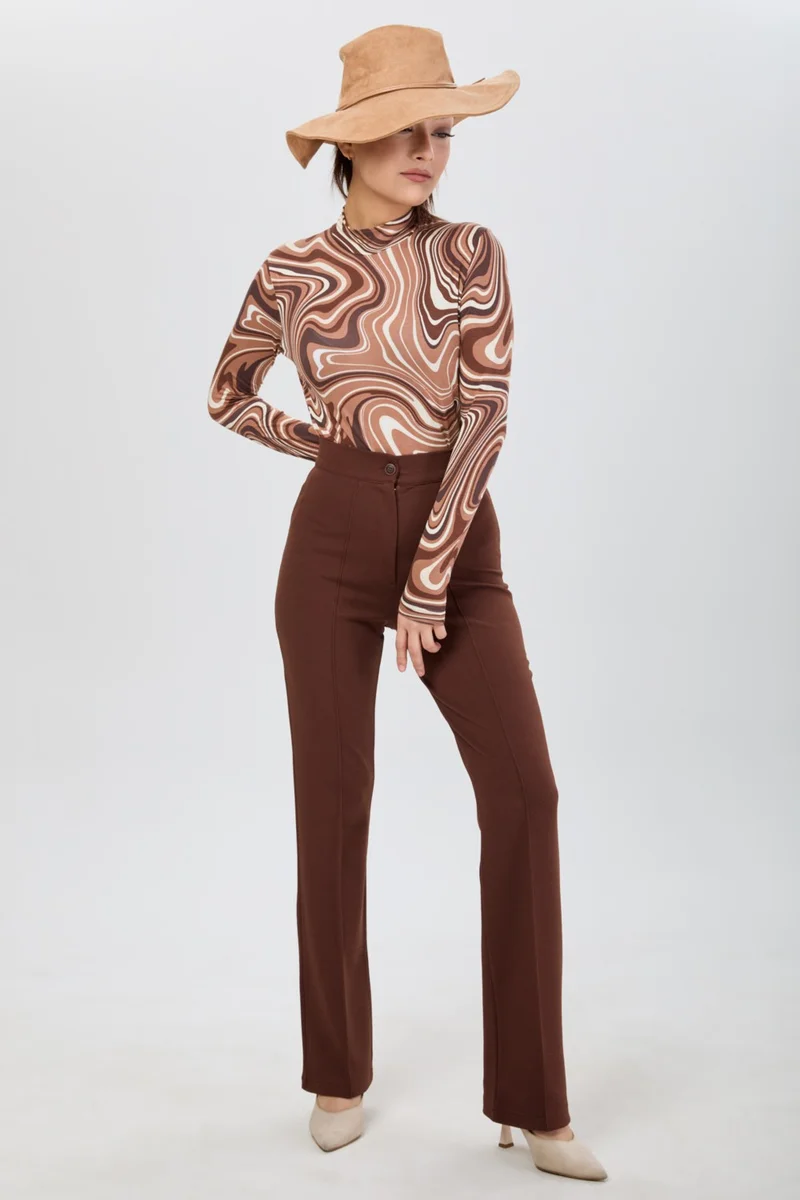 Tofisa 24127-BROWN High Waist Wide Leg Trousers