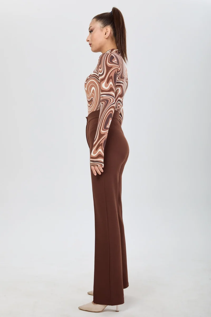 Tofisa 24127-BROWN High Waist Wide Leg Trousers