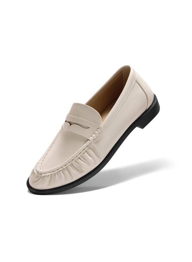 Coutgo Penny Loafers for Women Comfortable Slip on Shoes Collapsible Heel Closed Toe Dressy Casual Work Flats, Beige Pu, 8.5 - Image 1