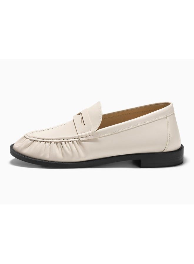 Coutgo Penny Loafers for Women Comfortable Slip on Shoes Collapsible Heel Closed Toe Dressy Casual Work Flats, Beige Pu, 8.5 - Image 2