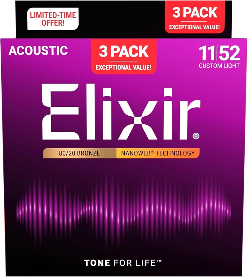 Elixir 80/20 Bronze Custom Light Acoustic Guitar Strings - Set of 3 - Image 2