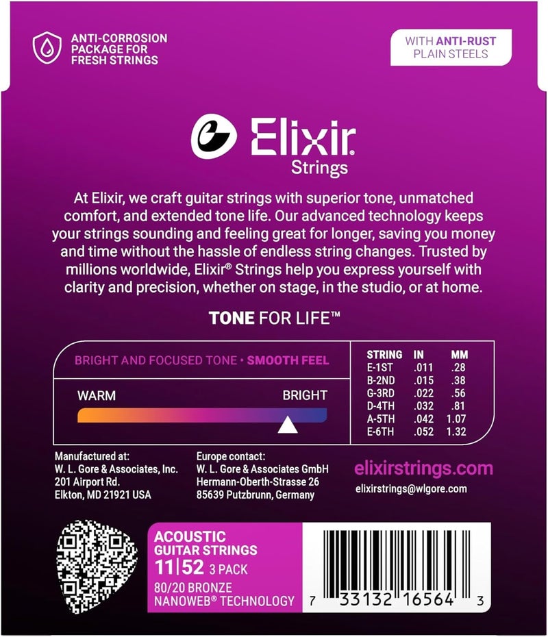 Elixir 80/20 Bronze Custom Light Acoustic Guitar Strings - Set of 3 - Image 3