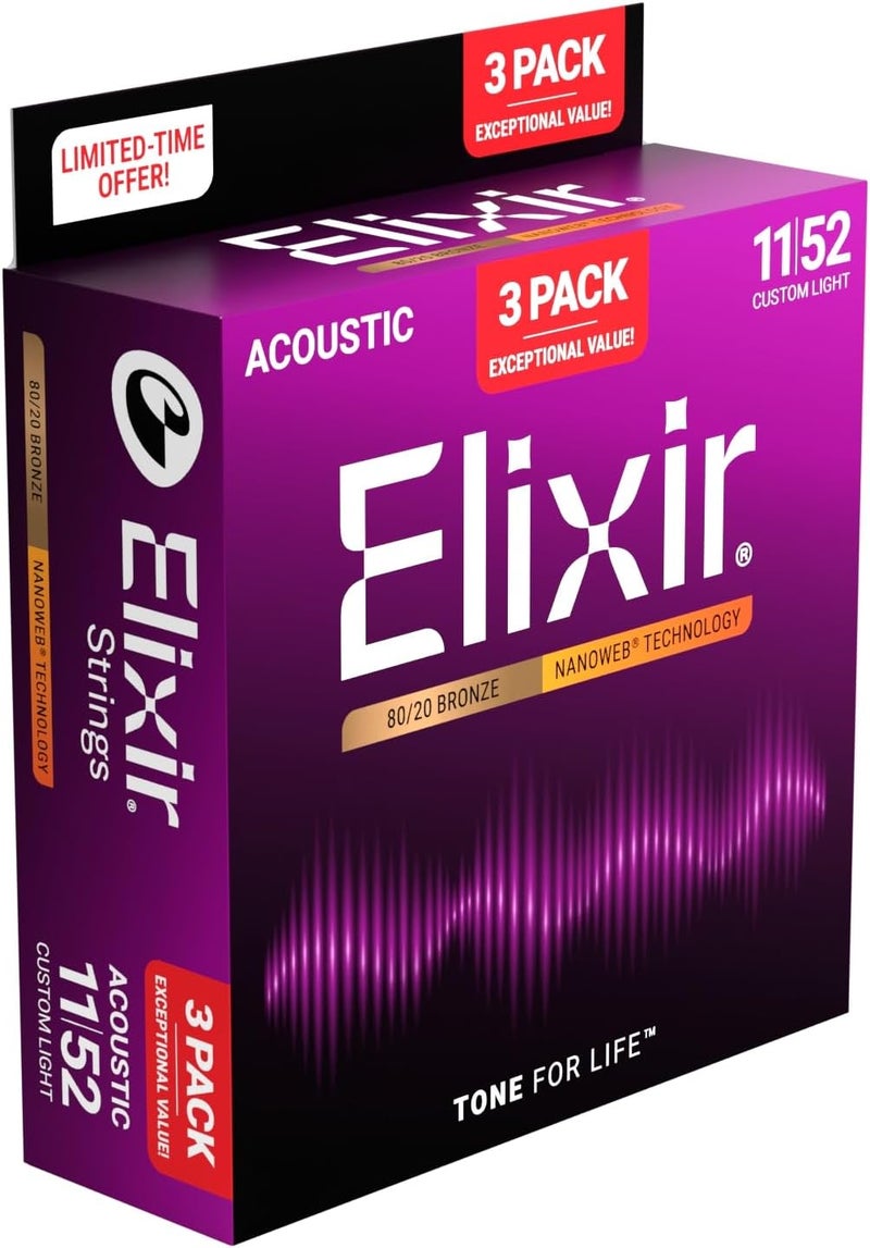 Elixir 80/20 Bronze Custom Light Acoustic Guitar Strings - Set of 3 - Image 1