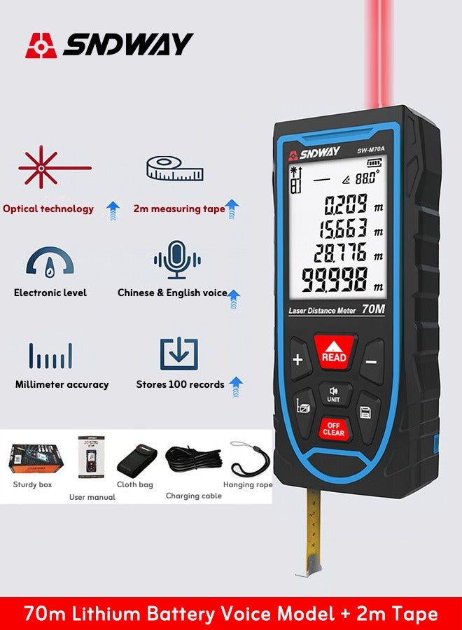 SNDWAY 70m Laser Measuring Instrument, Laser Measuring Tool, ±1/10 inch accuracy, metre/inch/foot unit switching, backlit LCD and Pythagoras mode, USB rechargeable for distance, area and volume measurement - Image 1