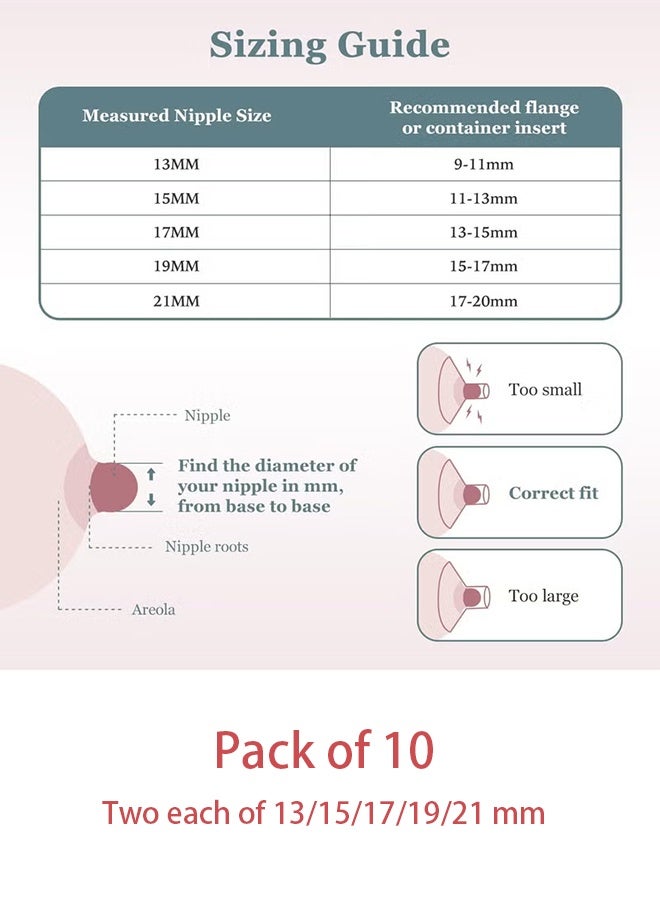 10 قطع من حشوات الشفة 13/15/17/19/21 مم لشفة/درع 24 مم لمعظم المضخات، حشوات خالية من مادة BPA، متوافقة مع مضخات الثدي Momcozy/Spectra/Bellababy/TSRETE/Nulii - Image 3