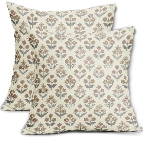 Sivirary Brown Grey Gray Floral Block Print Pillow Covers 20x20 Inch Set of 2, Vintage Flower Pattern Decorative Throw Pillowcases Outdoor Farmhouse Cushion Covers Spring Summer Rustic Sofa Couch Bed Decor - Image 1