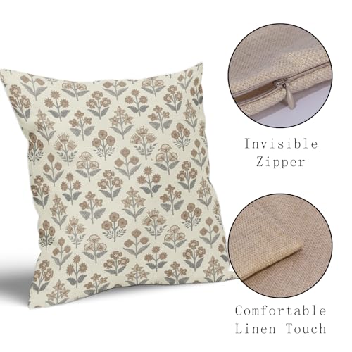 Sivirary Brown Grey Gray Floral Block Print Pillow Covers 20x20 Inch Set of 2, Vintage Flower Pattern Decorative Throw Pillowcases Outdoor Farmhouse Cushion Covers Spring Summer Rustic Sofa Couch Bed Decor - Image 4