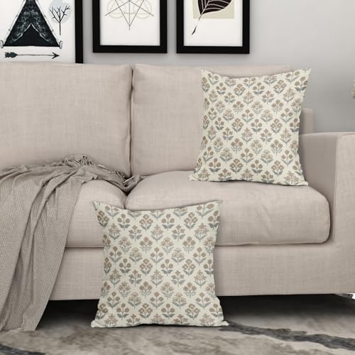 Sivirary Brown Grey Gray Floral Block Print Pillow Covers 20x20 Inch Set of 2, Vintage Flower Pattern Decorative Throw Pillowcases Outdoor Farmhouse Cushion Covers Spring Summer Rustic Sofa Couch Bed Decor - Image 3