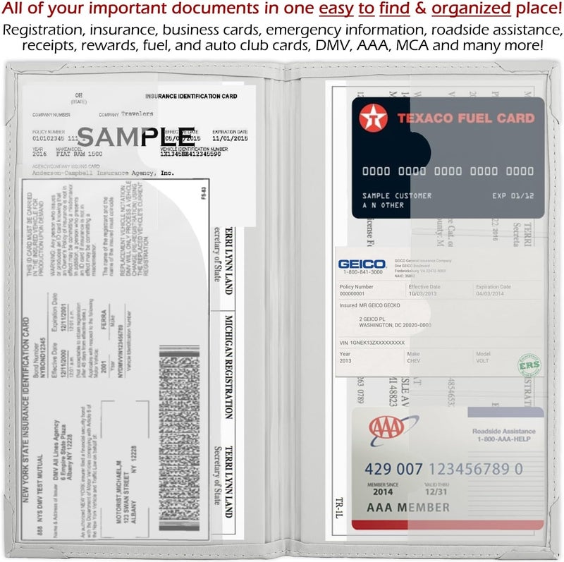 PlusXpres Auto Insurance and Registration Card Holder - Vehicle Glove Box Document Organizer - Car Essential Paperwork Holder for DMV, AAA, Contact Information Cards - Premium PU Leather Wallet Case - White - Image 4