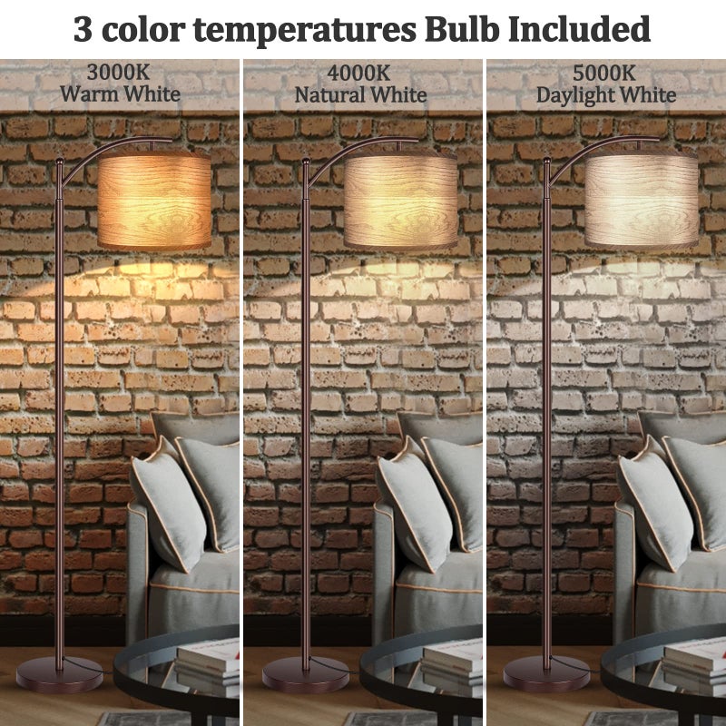 Rottogoon Floor Lamp for Living Room, LED Standing Lamp Tall Industrial Floor Lamp Reading for Bedroom, Office (9W LED Bulb, Wood Grain Lampshade Included) - Oil-Rubbed Bronze - Image 2