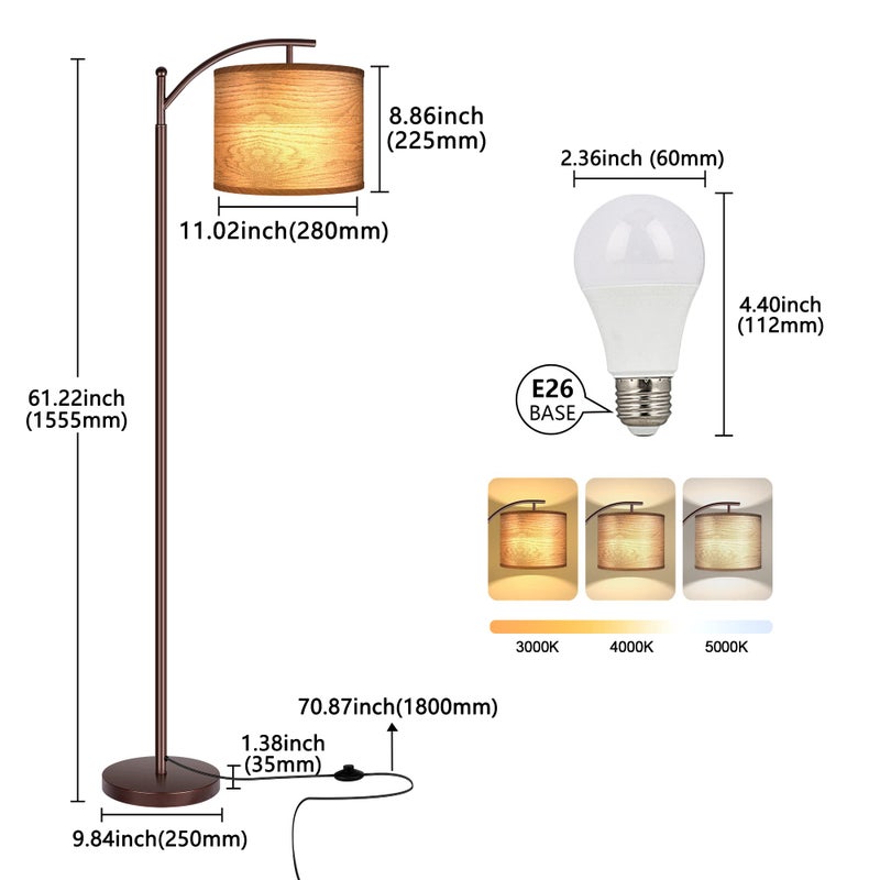 Rottogoon Floor Lamp for Living Room, LED Standing Lamp Tall Industrial Floor Lamp Reading for Bedroom, Office (9W LED Bulb, Wood Grain Lampshade Included) - Oil-Rubbed Bronze - Image 5