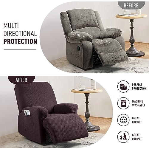 KinCam Recliner Covers, Stretch Reclining Chair Covers, Recliner Sofa Slipcovers Stripe Jacquard Recliner Couch Covers Furniture Protector Covers for Pet Kid (1 Seater, Dark Coffee) - Image 3