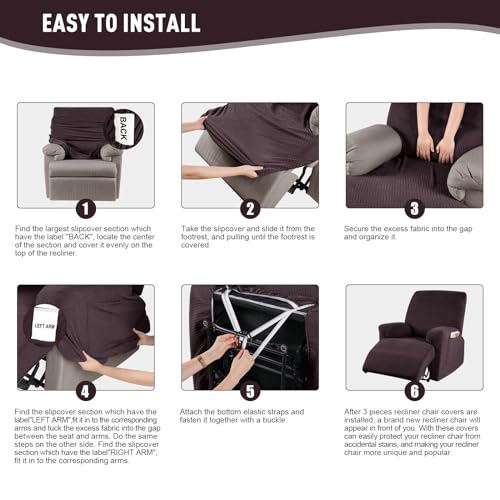 KinCam Recliner Covers, Stretch Reclining Chair Covers, Recliner Sofa Slipcovers Stripe Jacquard Recliner Couch Covers Furniture Protector Covers for Pet Kid (1 Seater, Dark Coffee) - Image 5