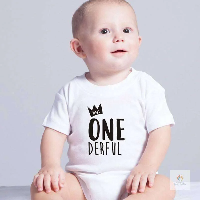 Matching Family Outfits Mr. ONE-derful Baby Bodysuit – First Birthday Outfit for Baby Boy, Cute Crown Printed Newborn Infant Romper, Soft Cotton Short Sleeve Jumpsuit for 1st Birthday Celebration (WHITE)