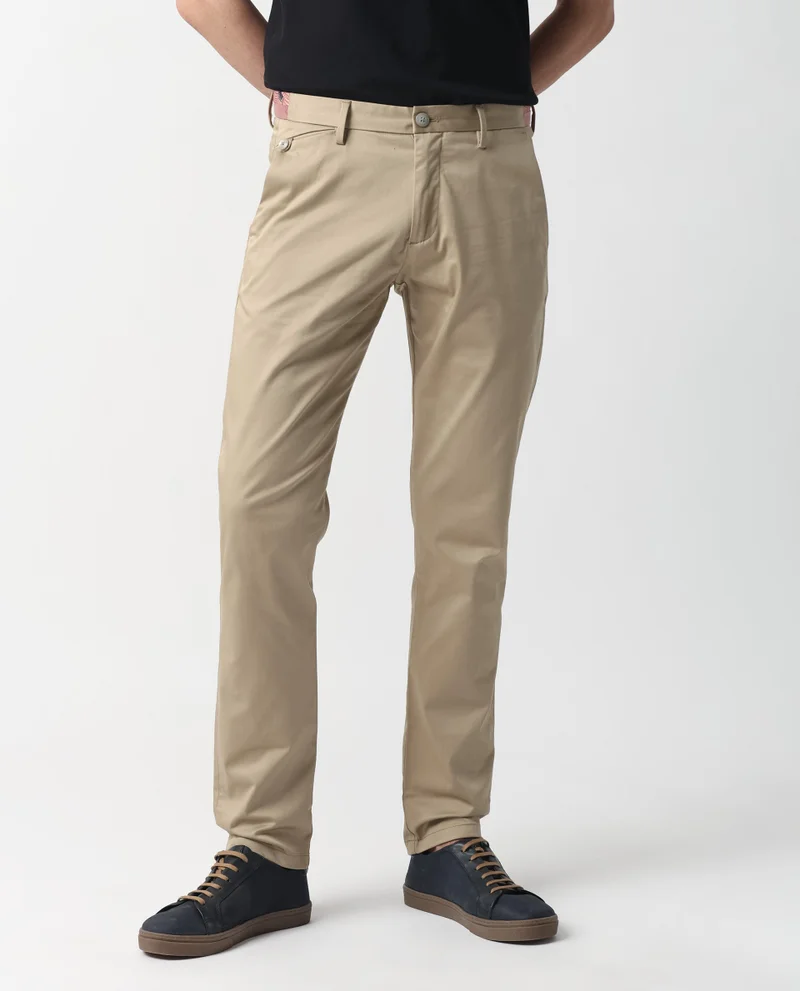 Rare Rabbit Rare Rabbit Men's Daron Beige Solid Mid-Rise Regular Fit Stretch Trousers