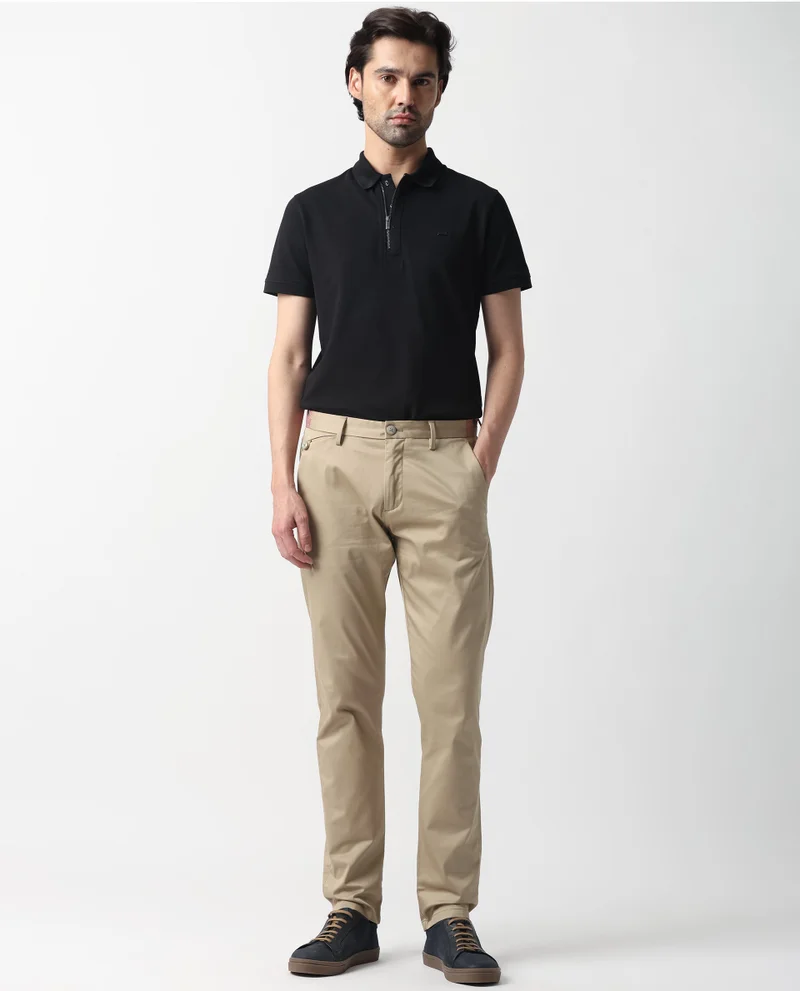 Rare Rabbit Rare Rabbit Men's Daron Beige Solid Mid-Rise Regular Fit Stretch Trousers