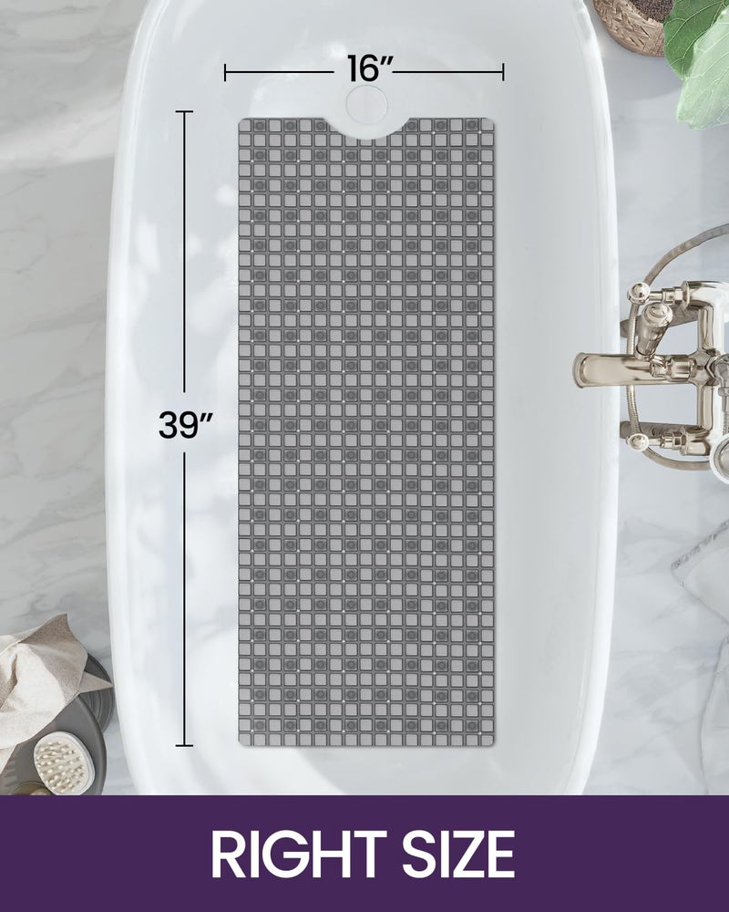 DEXI Bathtub Mat Non Slip, Extra Long 39x16, Suction Cups, Drain Holes, Machine Washable for Tub Shower Floor, Clear Grey - Image 2