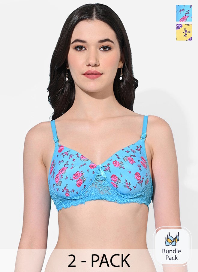 FIMS Pack of 2 Floral Print Cotton Bras - Blue & Beige - Image 1