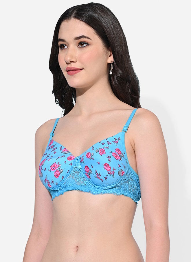 FIMS Pack of 2 Floral Print Cotton Bras - Blue & Beige - Image 3