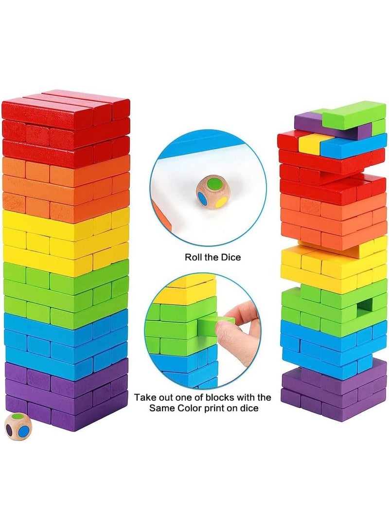 Meetion لعبة الكتل البنائية الكلاسيكية مع كتل خشبية أصلية، لعبة برج التكديس للاعب واحد أو أكثر، للأطفال من سن 6 سنوات وما فوق، 54 قطعة، نمط متعدد الألوان - Image 3