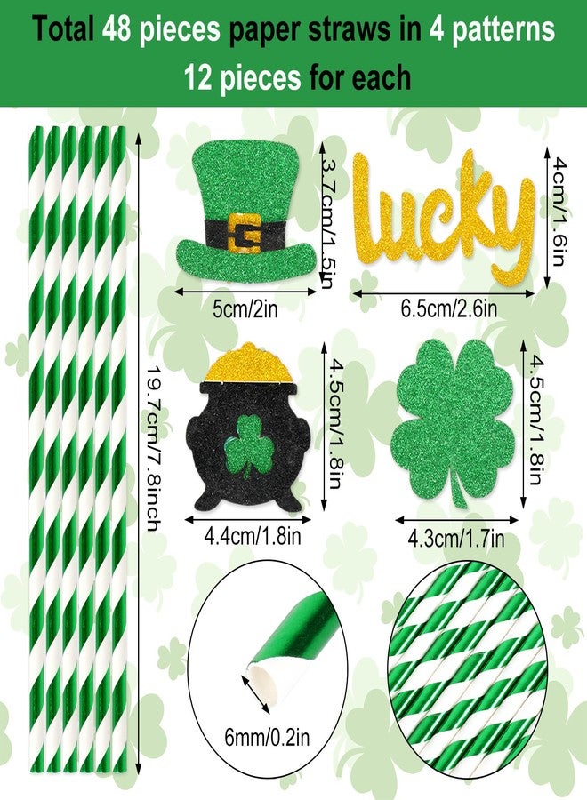 JarThenaAMCS 48Pcs St. Patrick's Day Paper Straws Foil Green Drinking Straws with Glitter Lucky Shamrock Hat Disposable Stripe Straws for Irish Holiday Beverage Cocktail Birthday Party Supplies - Image 2