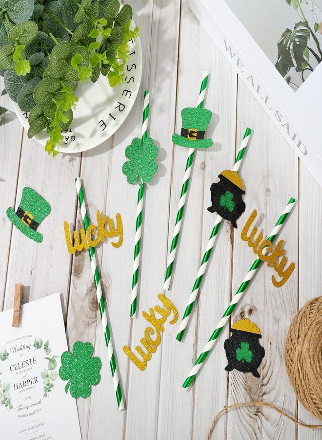 JarThenaAMCS 48Pcs St. Patrick's Day Paper Straws Foil Green Drinking Straws with Glitter Lucky Shamrock Hat Disposable Stripe Straws for Irish Holiday Beverage Cocktail Birthday Party Supplies - Image 3