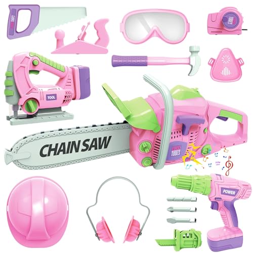 EP EXERCISE N PLAY Kids Construction Tool Set for 3 4 5 6 7 Year Old Boys GirlPink Preschool Pretend Play ToolPretend Play Tools Set Toddler Toyswith Electric Drill ChainsawElectric DrillToy Tools Gifts for Kids - Image 1