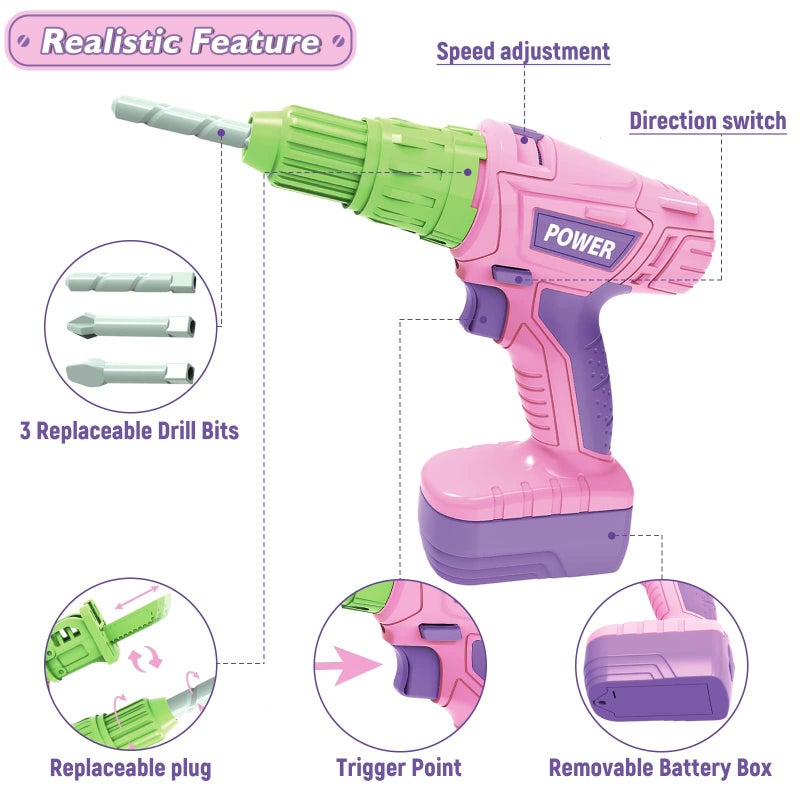 EP EXERCISE N PLAY Kids Construction Tool Set for 3 4 5 6 7 Year Old Boys GirlPink Preschool Pretend Play ToolPretend Play Tools Set Toddler Toyswith Electric Drill ChainsawElectric DrillToy Tools Gifts for Kids - Image 3