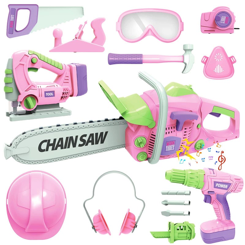 EP EXERCISE N PLAY Kids Construction Tool Set for 3 4 5 6 7 Year Old Boys GirlPink Preschool Pretend Play ToolPretend Play Tools Set Toddler Toyswith Electric Drill ChainsawElectric DrillToy Tools Gifts for Kids - Image 2
