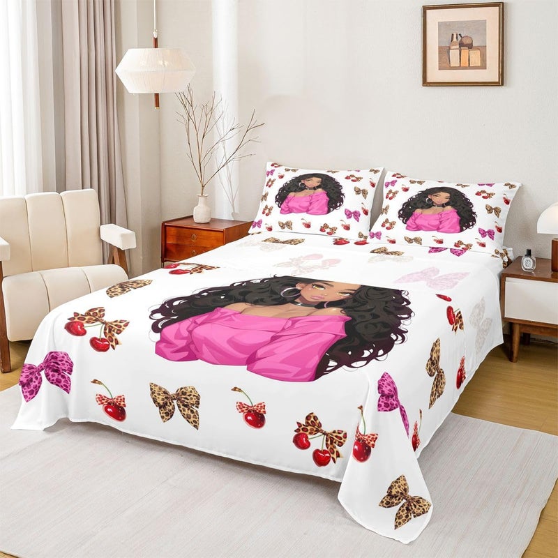 Erosebridal Black Girl Bed Sheets Set King Bowknot Sheet Set Leopard Print Bow Cherry Earrings Sheets Pink Leopard Bowtie Flat Fitted Sheet - Image 3