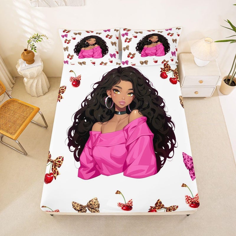 Erosebridal Black Girl Bed Sheets Set King Bowknot Sheet Set Leopard Print Bow Cherry Earrings Sheets Pink Leopard Bowtie Flat Fitted Sheet - Image 2