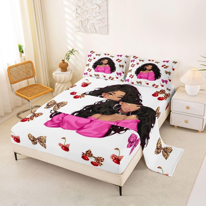 Erosebridal Black Girl Bed Sheets Set King Bowknot Sheet Set Leopard Print Bow Cherry Earrings Sheets Pink Leopard Bowtie Flat Fitted Sheet - Image 1