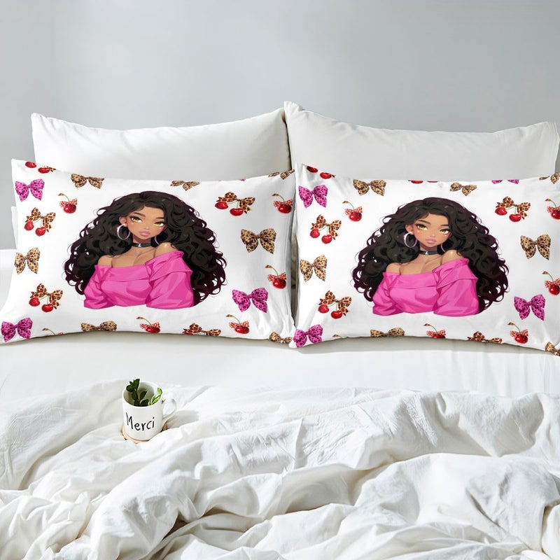 Erosebridal Black Girl Bed Sheets Set King Bowknot Sheet Set Leopard Print Bow Cherry Earrings Sheets Pink Leopard Bowtie Flat Fitted Sheet - Image 5